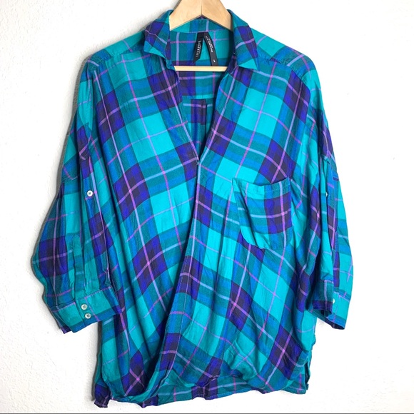 Liverpool blouson wrap plaid 3/4th sleeve top L - Picture 1 of 7